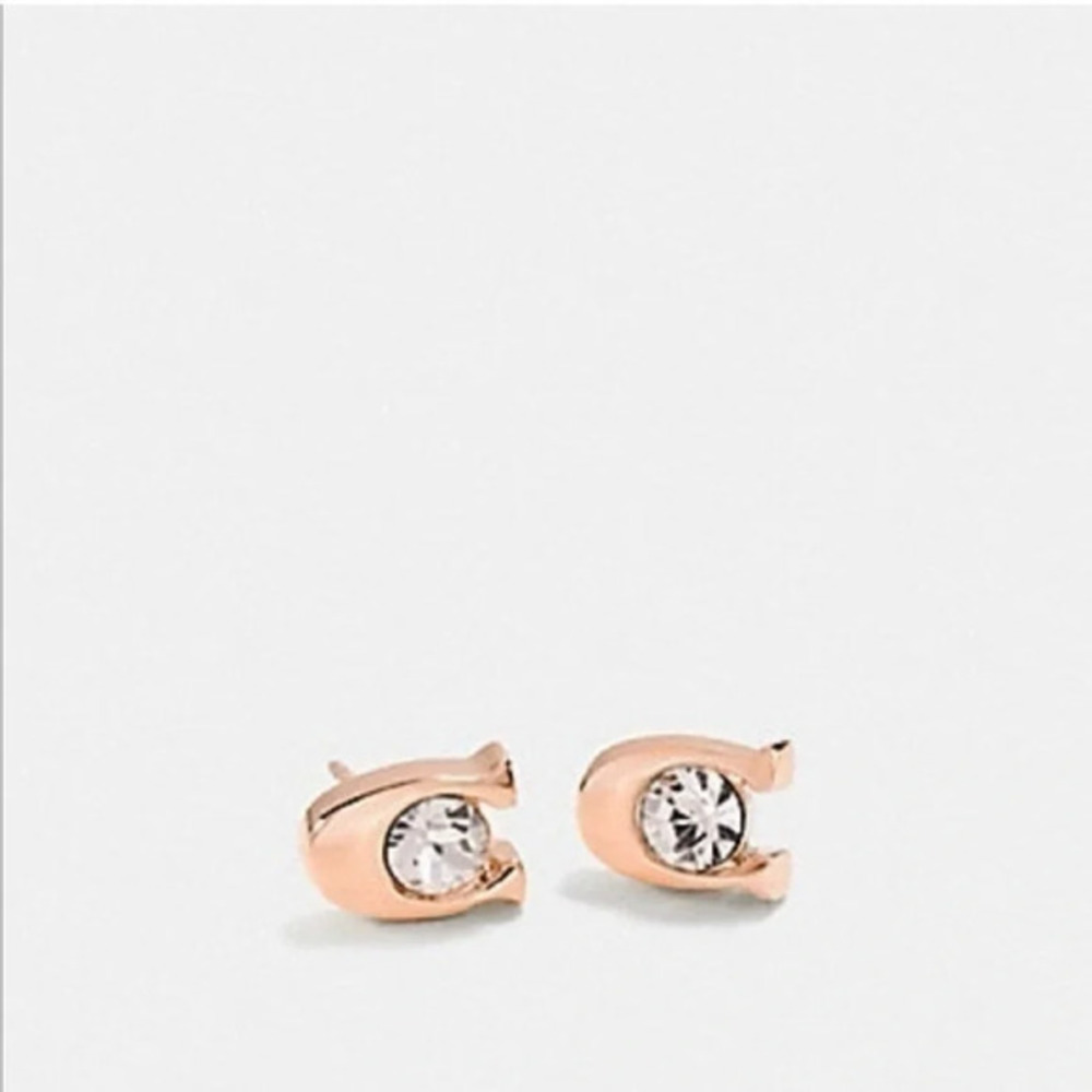Coach Rose Gold Crystal Stud Earrings – Minimalist Bezel Set – NWT